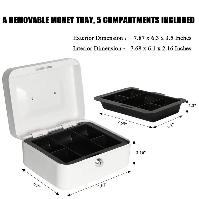 Jssmst Small Cash Box with Key Lock - Durable Metal Cash Box with Money Tray White, CB0105M - Image 4